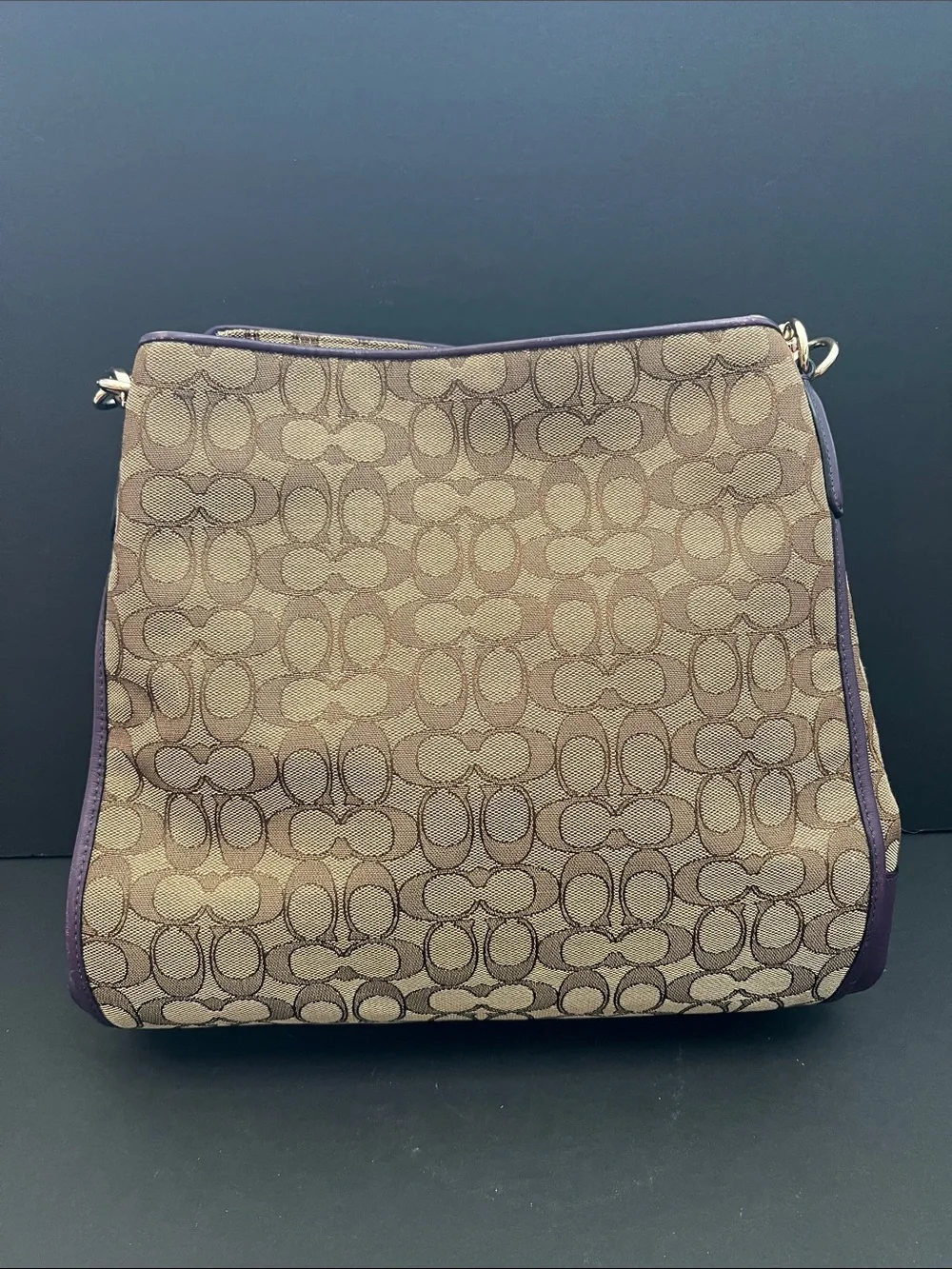 Coach Brown Signature Jacquard Shoulder Bag with Purple Trim. 3 compartments.GUC